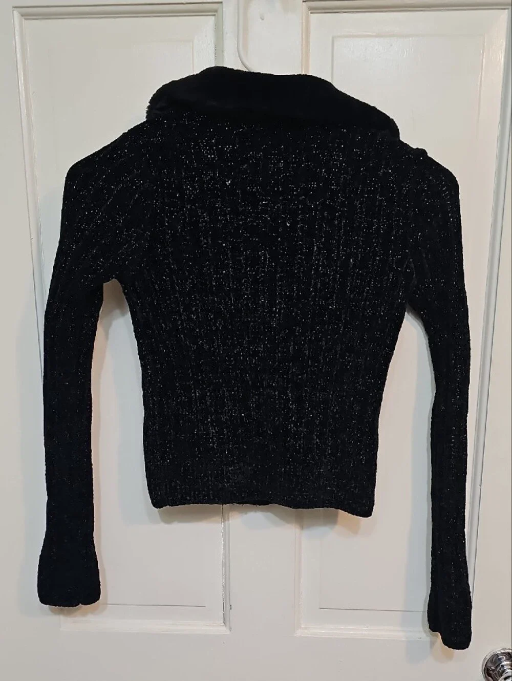 SO Black Shimmer Zip-Up Sweater with Faux-Fur Collar
